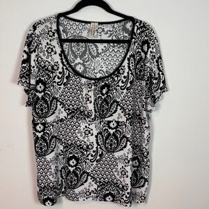 Susan Lawrence Black White Paisley Liquid Knit Short Sleeve Stretch Top Women 2X